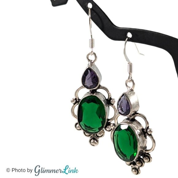 Purple & Green Faceted Glass Stone Silver Tone Pierced Dangle Earrings - Picture 3 of 10